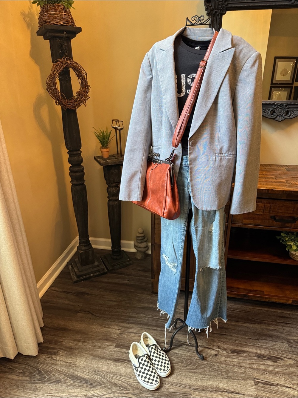 Women's Gray Plaid Single-Button Blazer